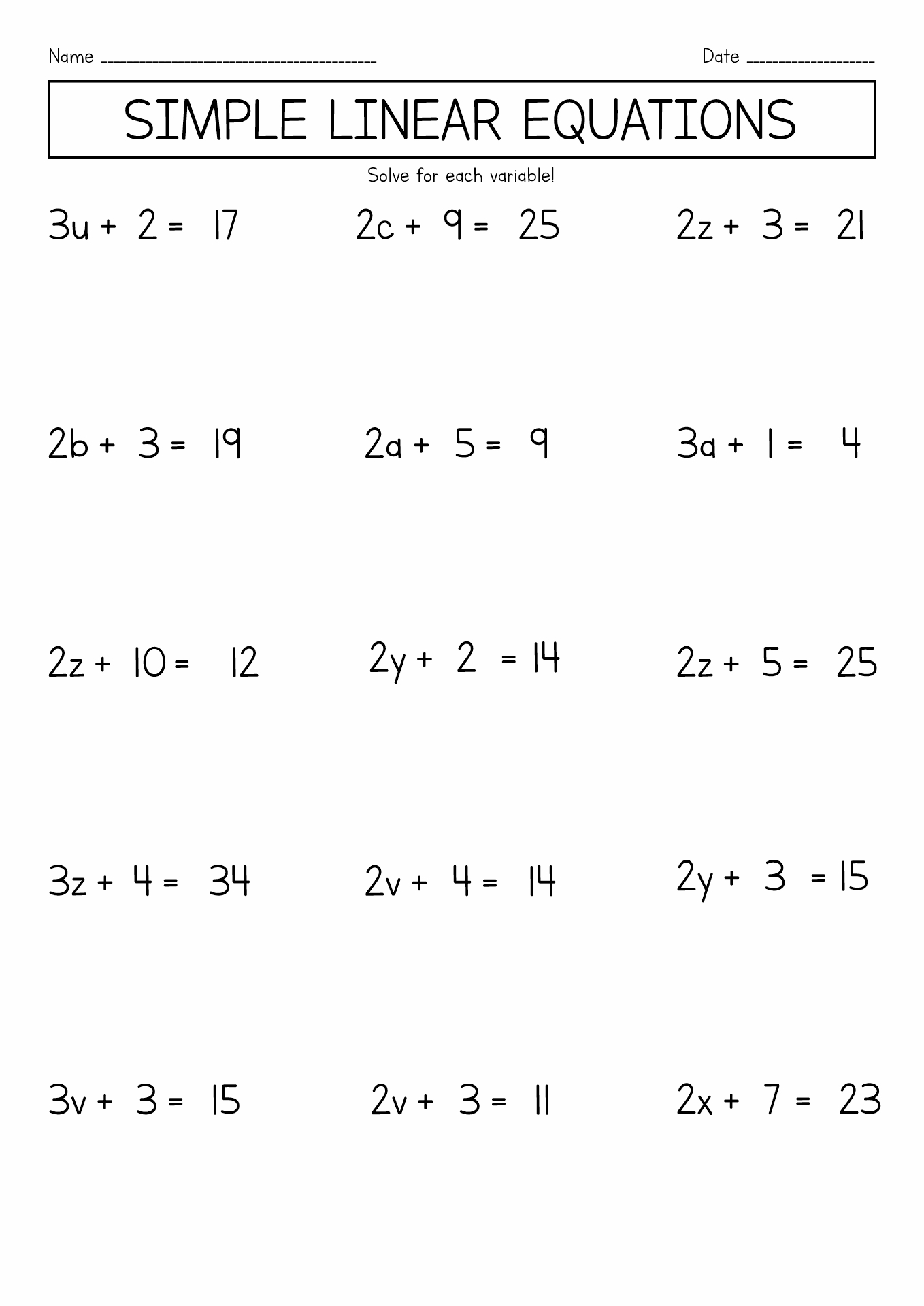 Variable Equations Worksheets