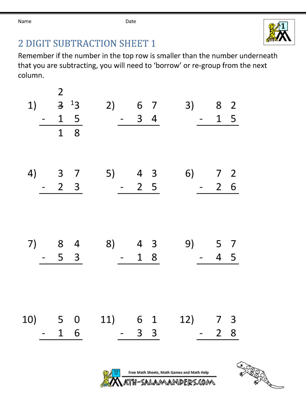 2 Digit Subtraction Worksheets With Regrouping