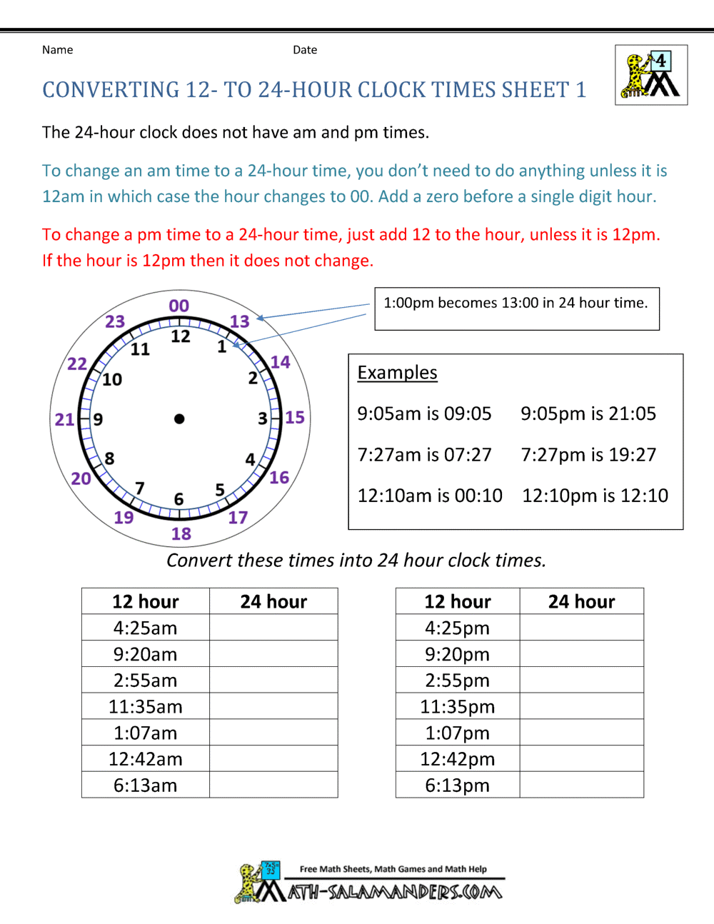 24 Hour Clock Conversion Worksheets 30 Printable Military Time Charts TemplateLab