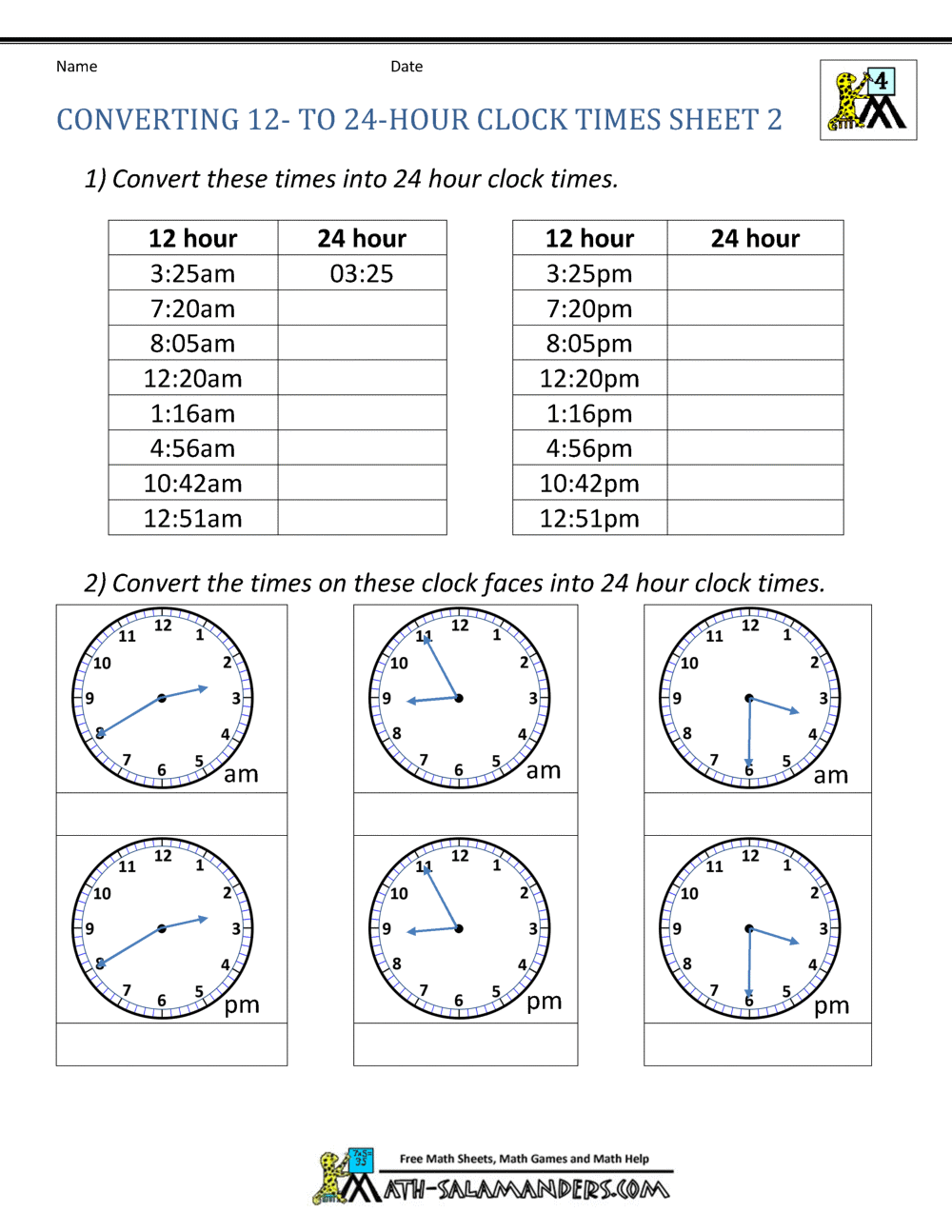 24 Hour Clock Conversion Worksheets Worksheets Library