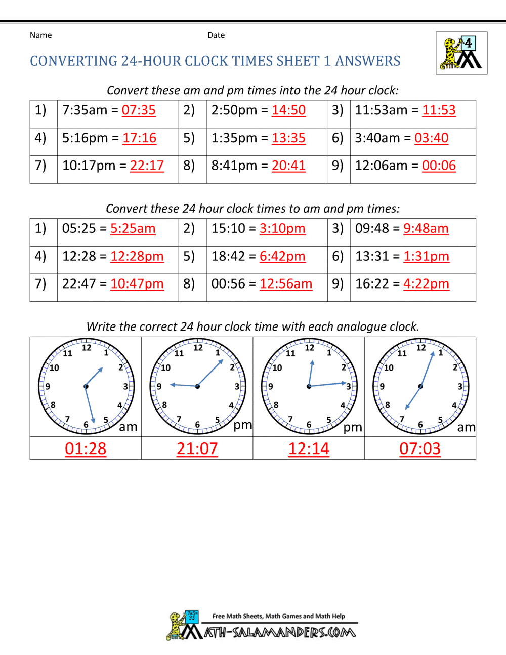24 Hour Clock Conversion Worksheets