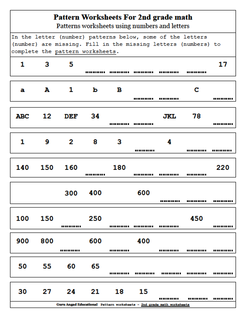 2nd Grade Math Patterns Worksheets Using Numbers And Letters Worksheets Library