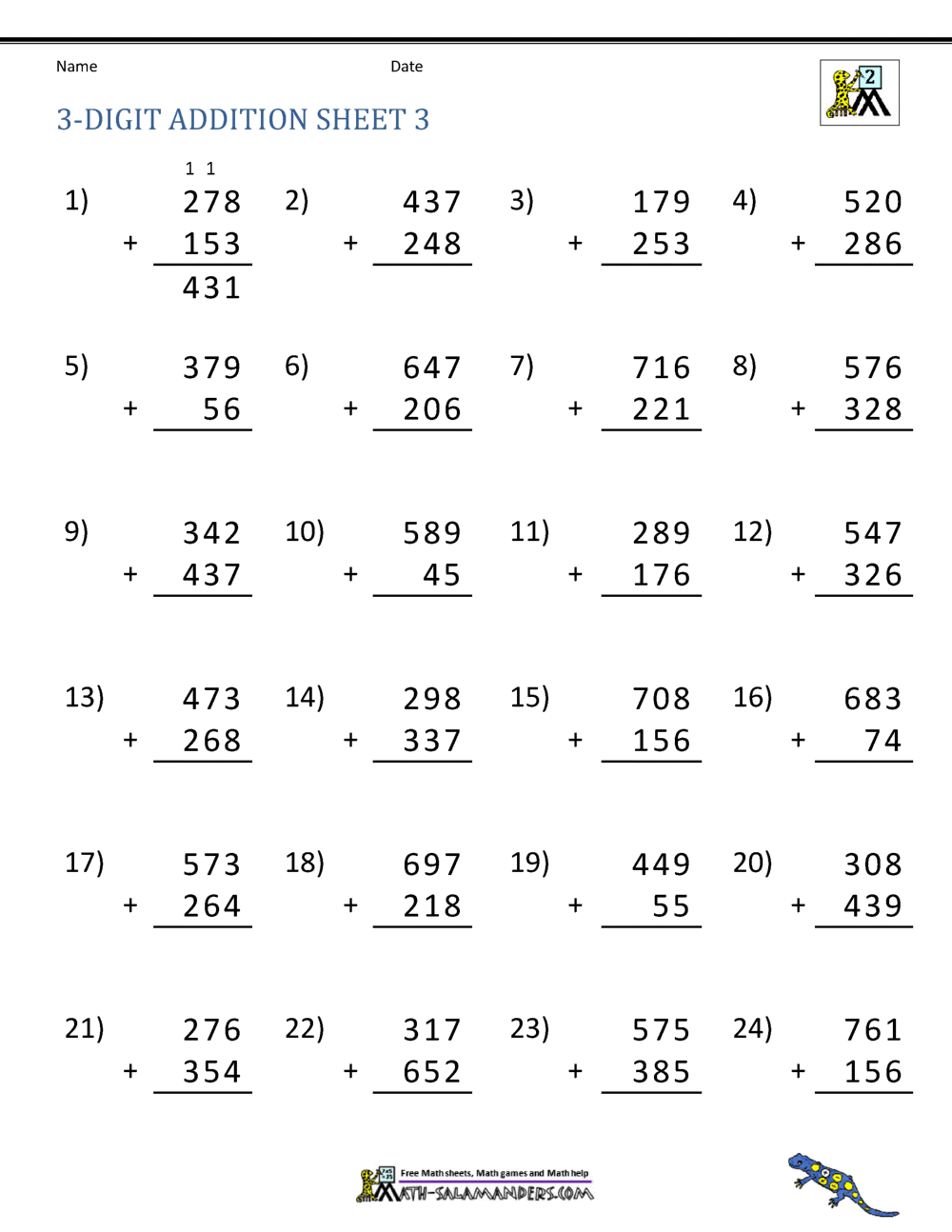10 WORKSHEETS OF 3 DIGIT ADDITION WITH REGROUPING By Teach Simple
