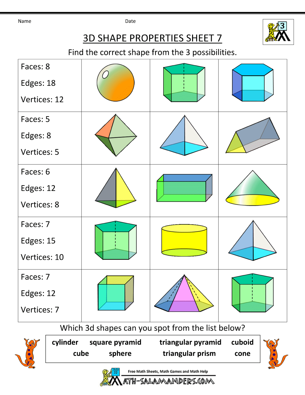 3d Shapes Worksheets
