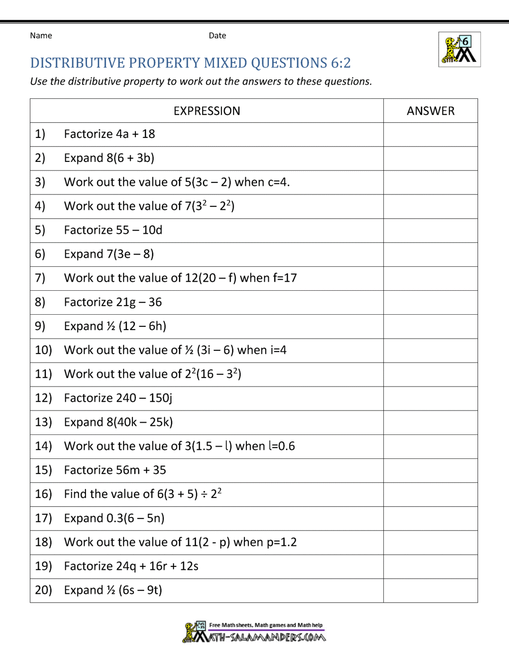 6th Grade Distributive Property Worksheets
