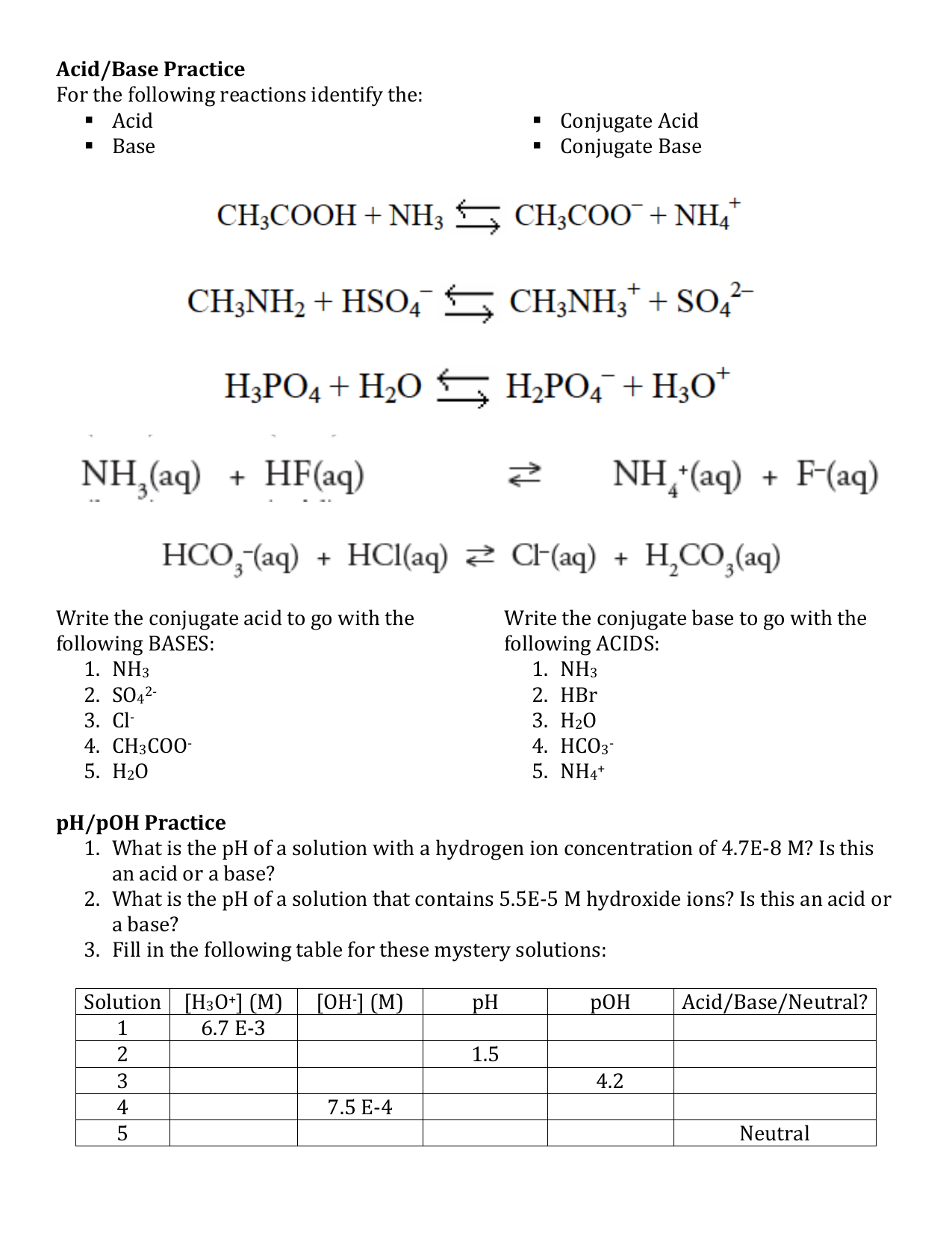 Acid Base PH Practice Worksheet