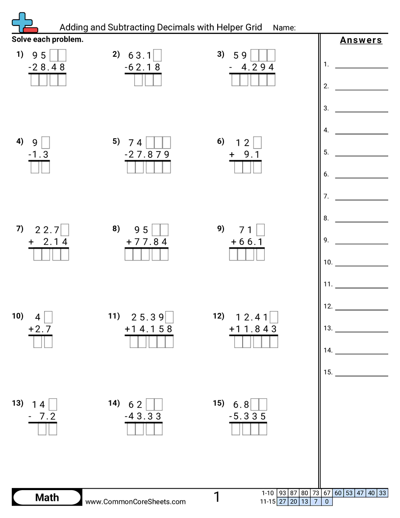Adding And Subtracting Decimals With Helper Grid Worksheet Download Free Adding Decimals Worksheets Teach Prints