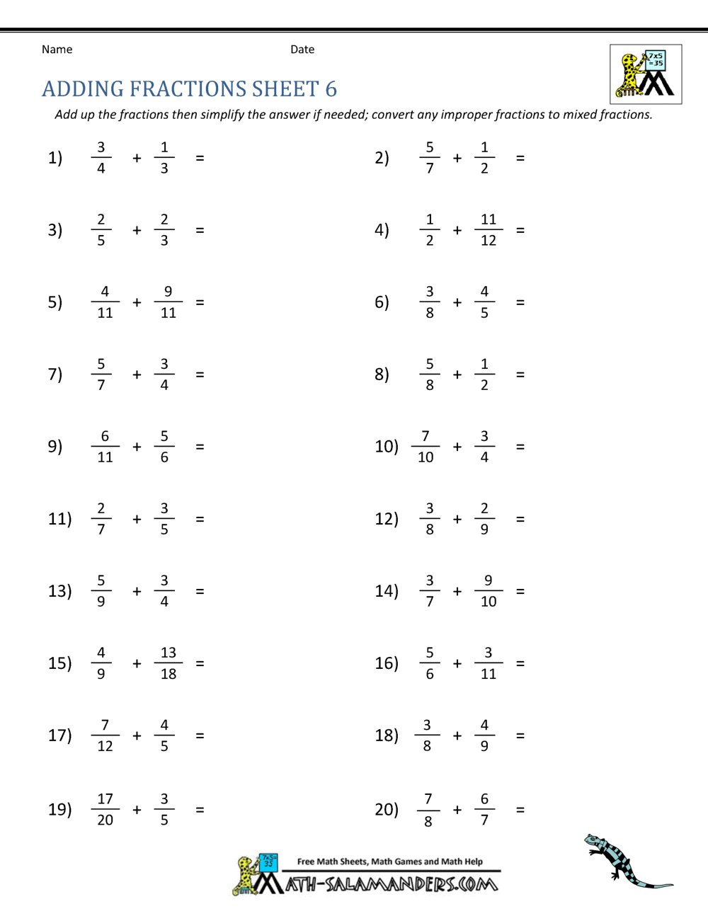 Adding Fractions Worksheets Adding And Subtracting Fractions Worksheets