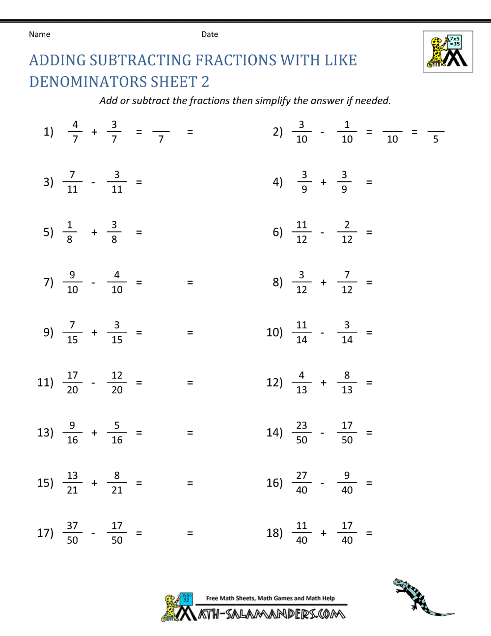 Adding Subtracting Fractions Worksheets Adding Subtracting Fractions Worksheets