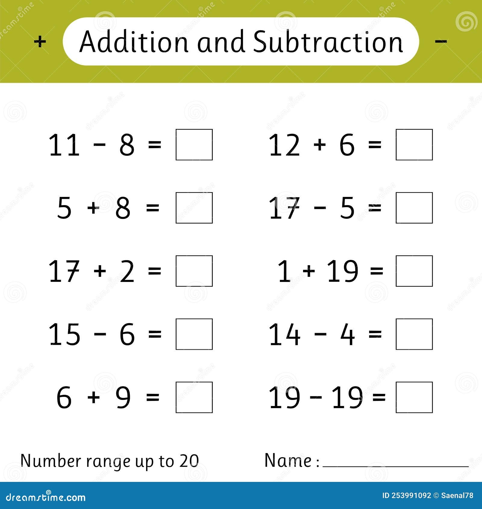 Addition And Subtraction Number Range Up To 20 Math Worksheet For Kids Solve Examples And Write Developing Numeracy Skills Stock Vector Illustration Of Learning Count 253991092