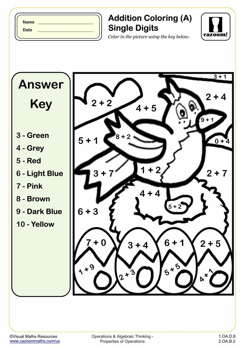Addition Coloring A Single Digits 1st Grade PDF Addition Worksheets Cazoom Math Addition Coloring A Single Digits 1st Grade PDF Addition Worksheets Cazoom Math
