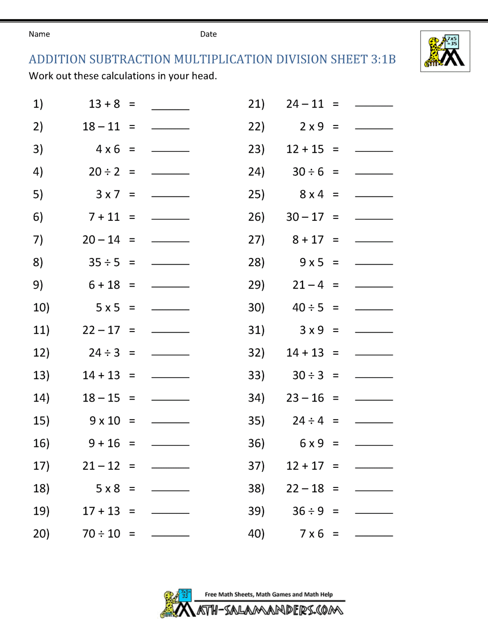 Addition Subtraction Multiplication Division Worksheets Addition Subtraction Multiplication Division Worksheets