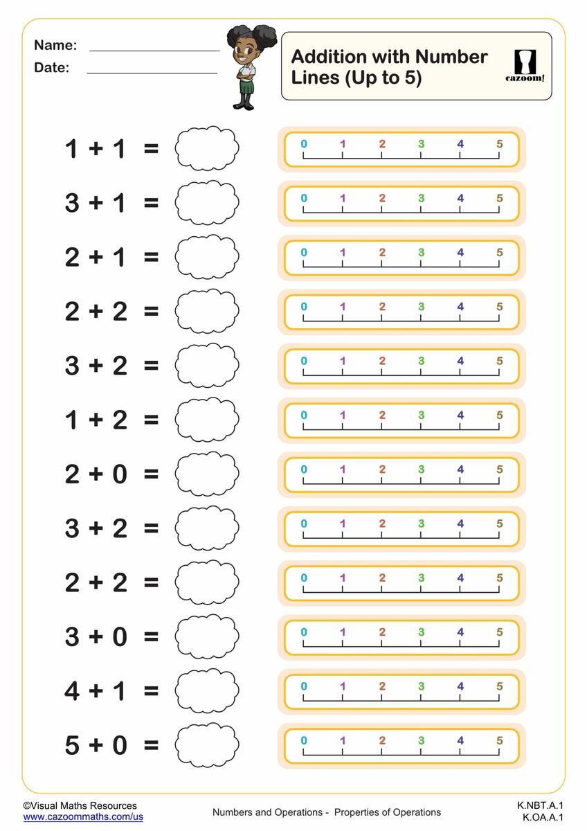 Addition With Number Lines Up To 5 Fun And Engaging K Grade PDF Worksheets Cazoom Math