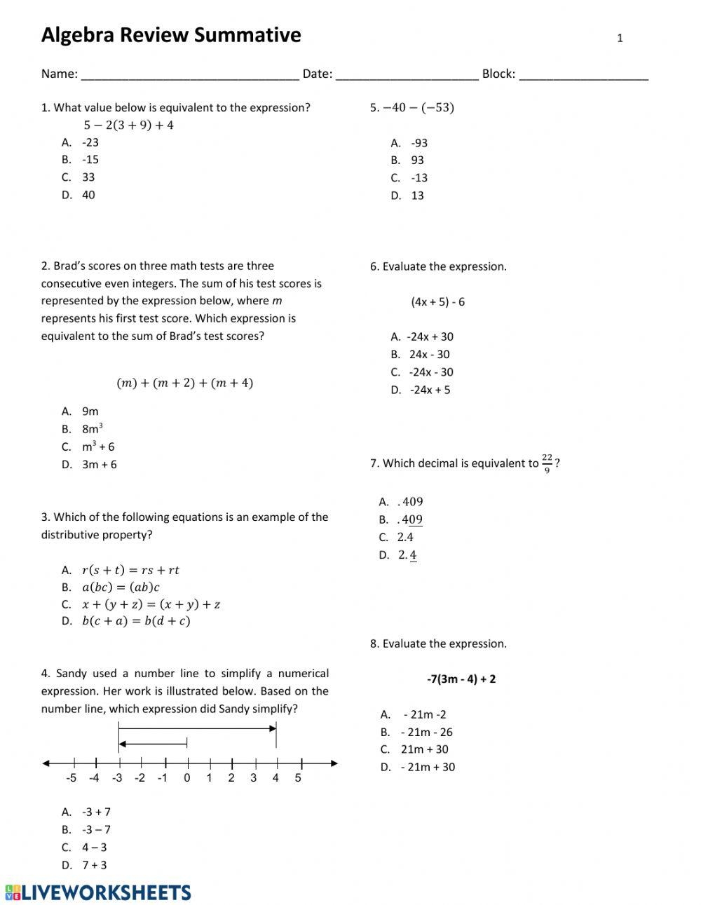 Algebra Review Worksheet Worksheets Library Algebra Review Worksheet Worksheets Library