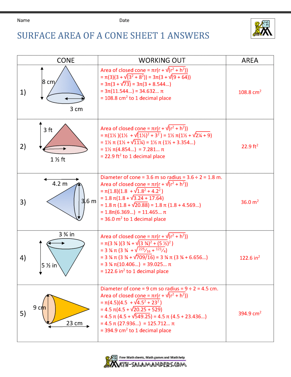 Area Of A Cone Calculator Surface Area Of Cones And Spheres Worksheet PDF Printable Geometry Worksheet Cazoom Math