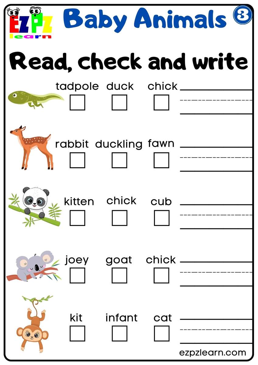 Baby Animals Vocabulary Read Check And Write The Words Activity For English Language Learners Preschool And Kindergarten Students Free Download 3 Ezpzlearn Baby Animals Vocabulary Read Check And Write The Words Activity For English Language Learners Preschool And Kindergarten Students Free Download 3 Ezpzlearn