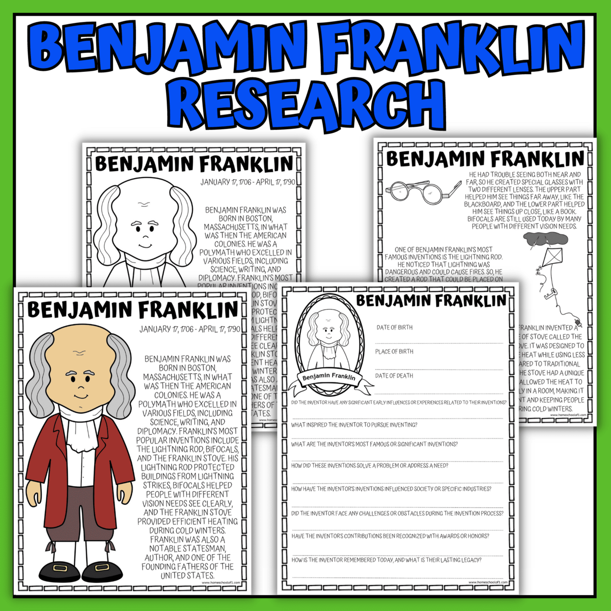 Free Benjamin Franklin Coloring Page Timeline Worksheet