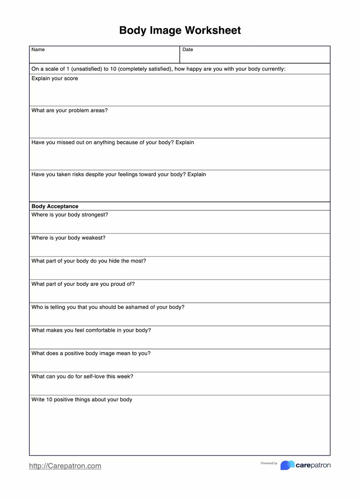 Body Image Worksheets Body Image Worksheets