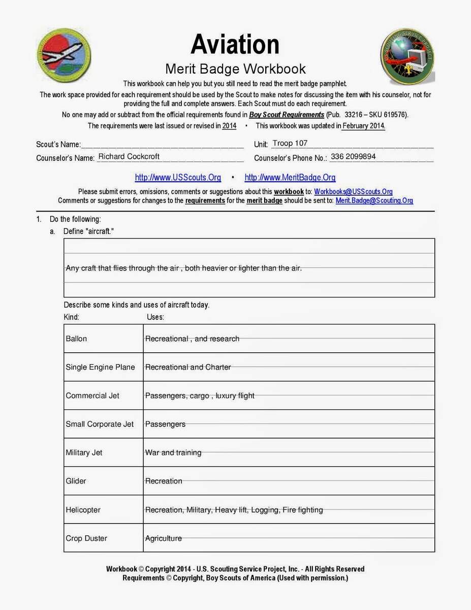 Boy Scout Troop 107 Greensboro NC Aviation Merit Badge Workbook Worksheets Library