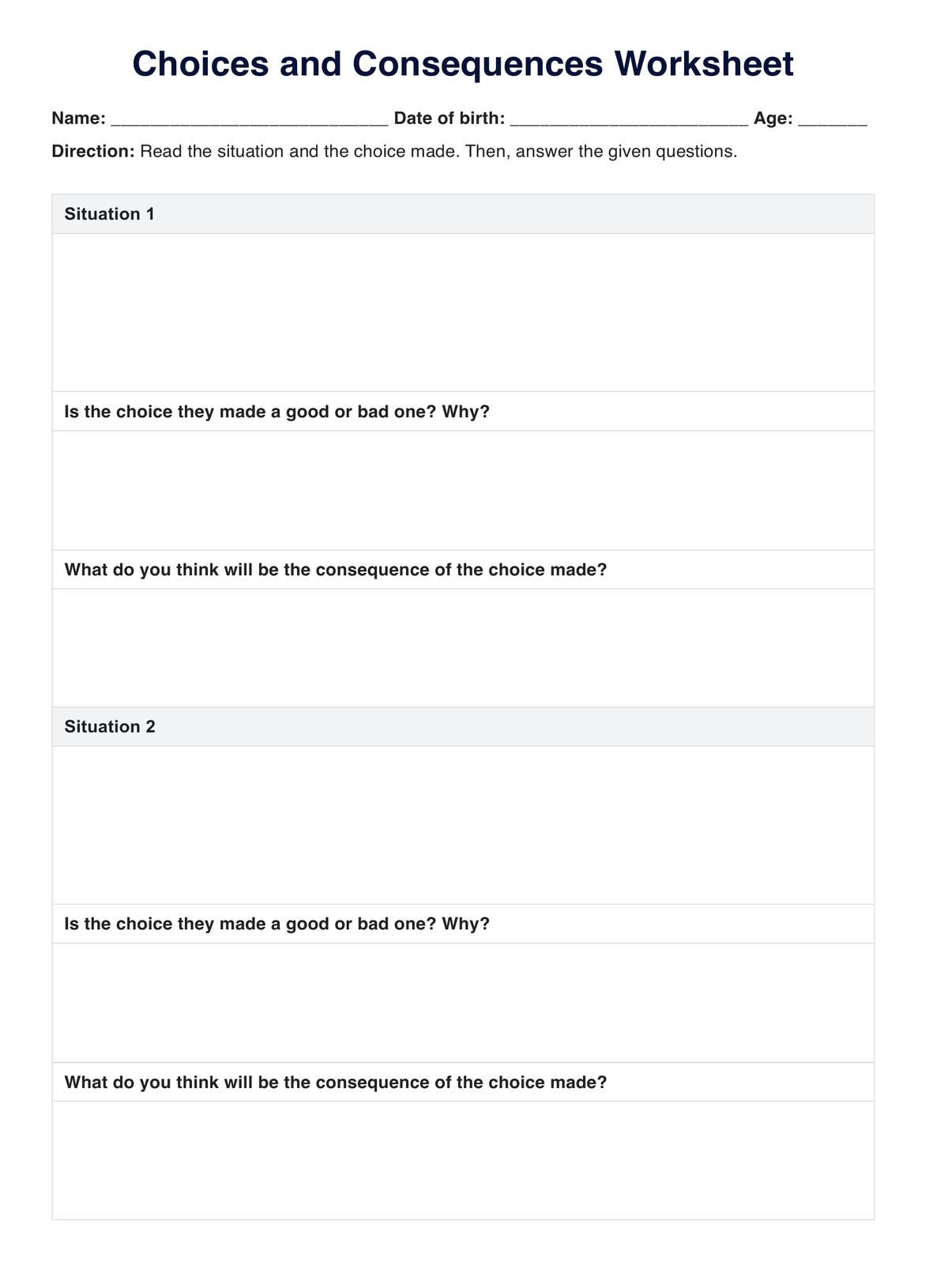 Storyboard That Free Actions Consequences Worksheets