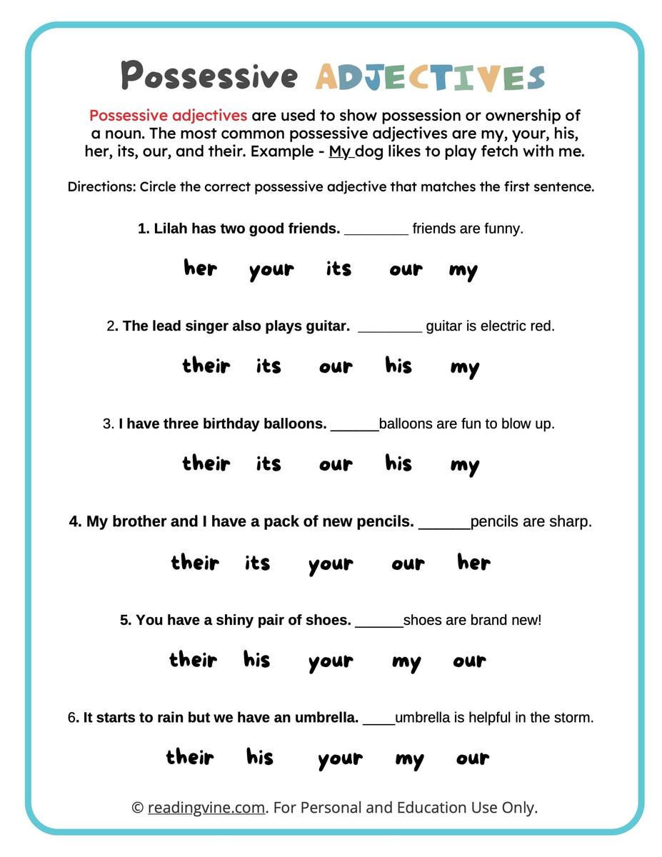 Circle The Possessive Adjectives Worksheet ReadingVine Printable Possessive Adjective Worksheet Grade 1 Teaching Resources