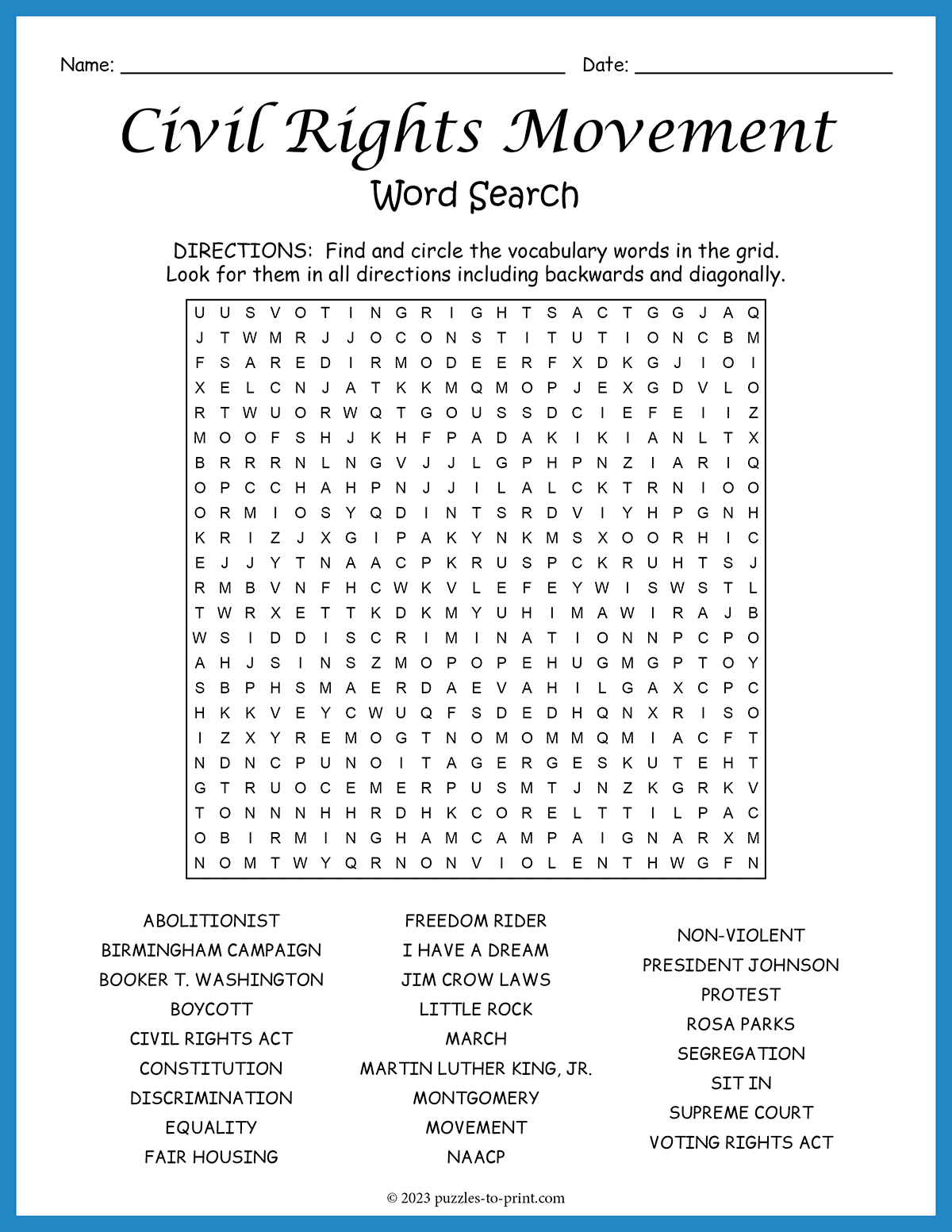 Civil Rights Movement Word Search Civil Rights Movement Word Search