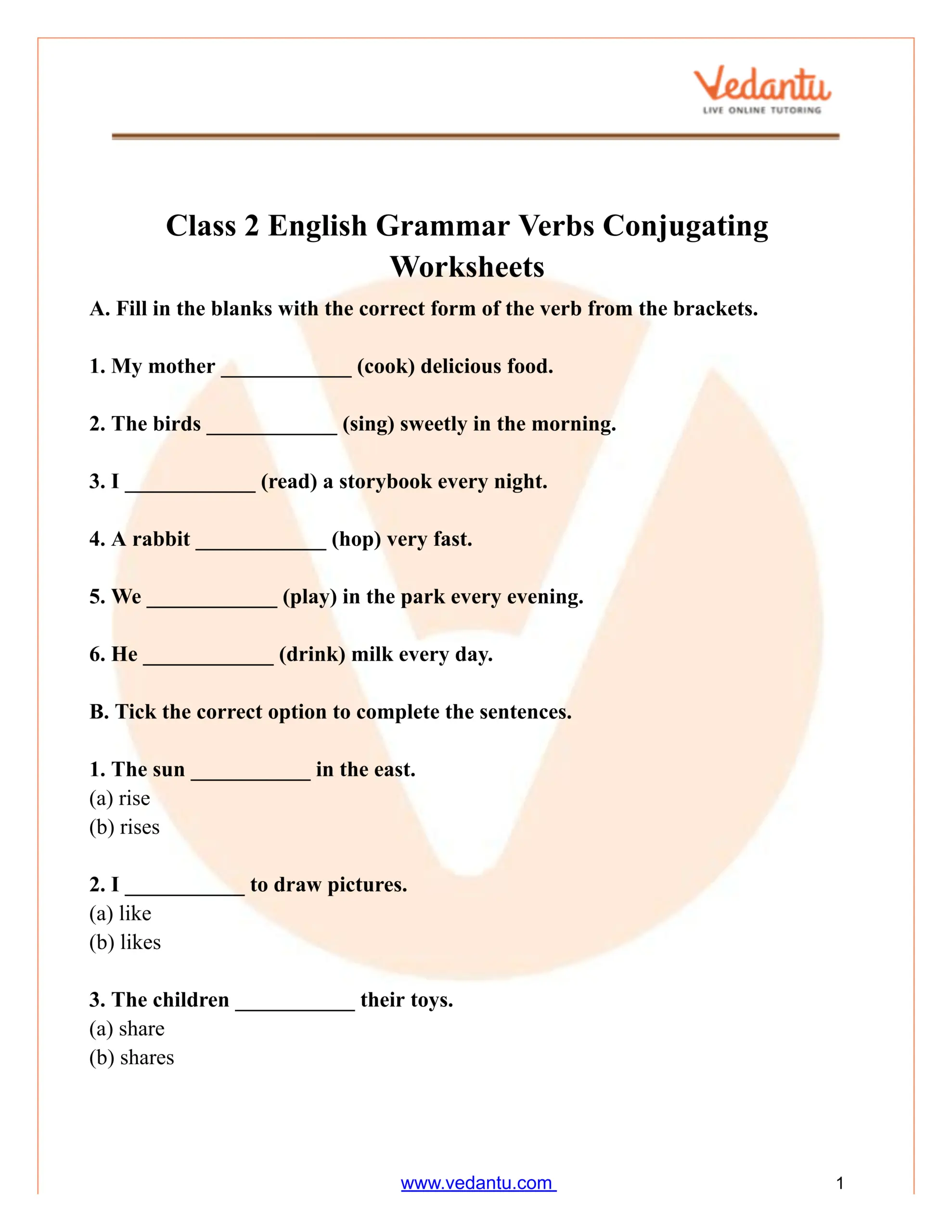 Class 2 English Grammar Verbs Conjugation Worksheet