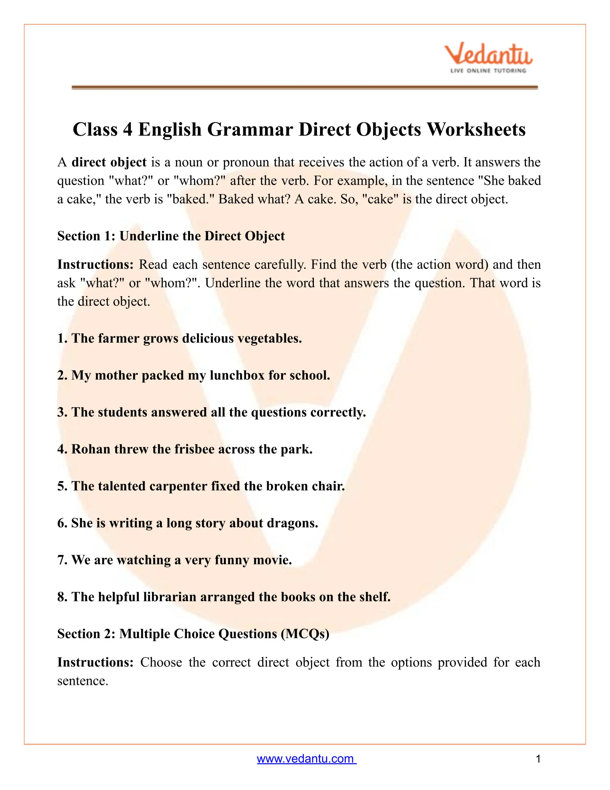 Class 4 English Grammar Direct Object Worksheet Free PDF
