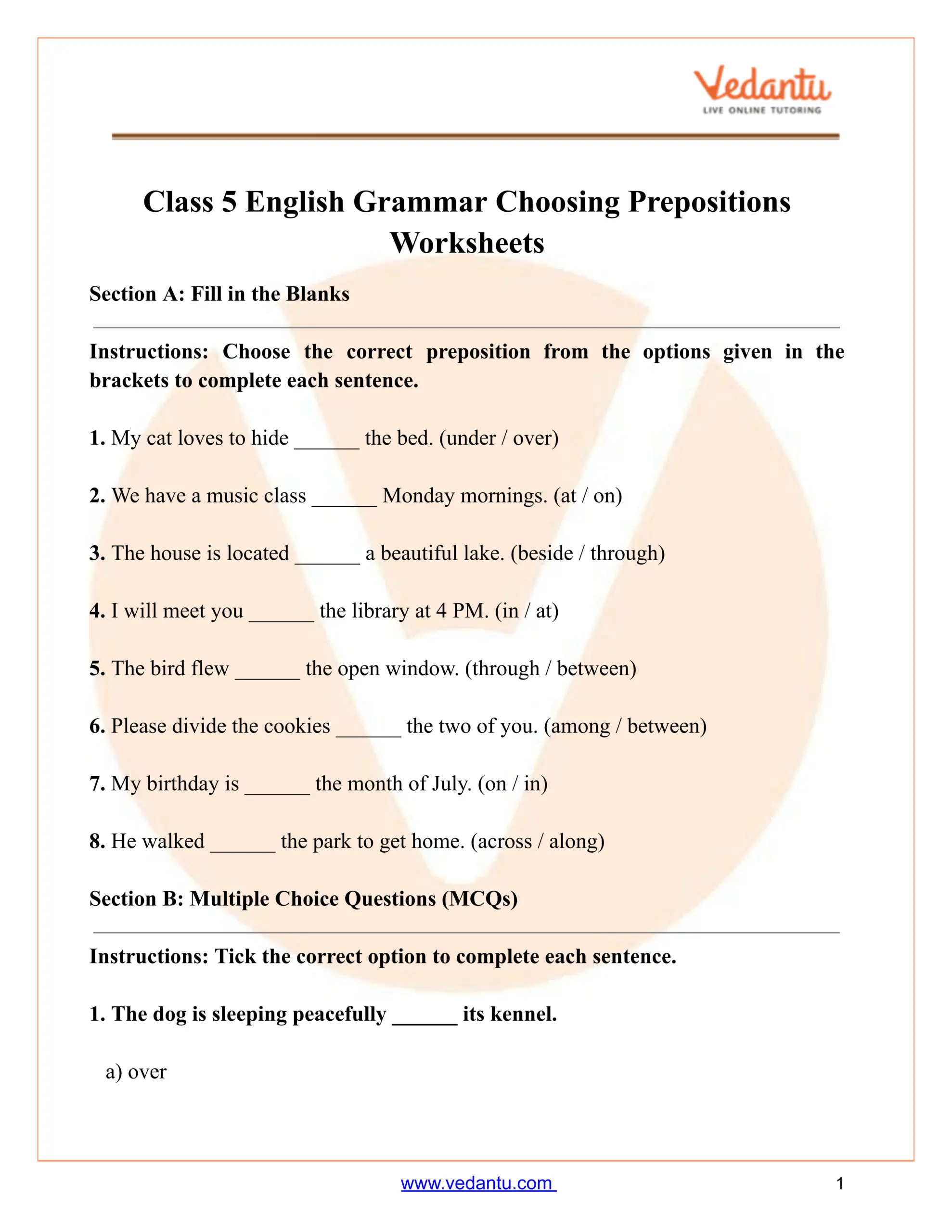 Class 5 English Grammar Choosing Prepositions Worksheet PDF