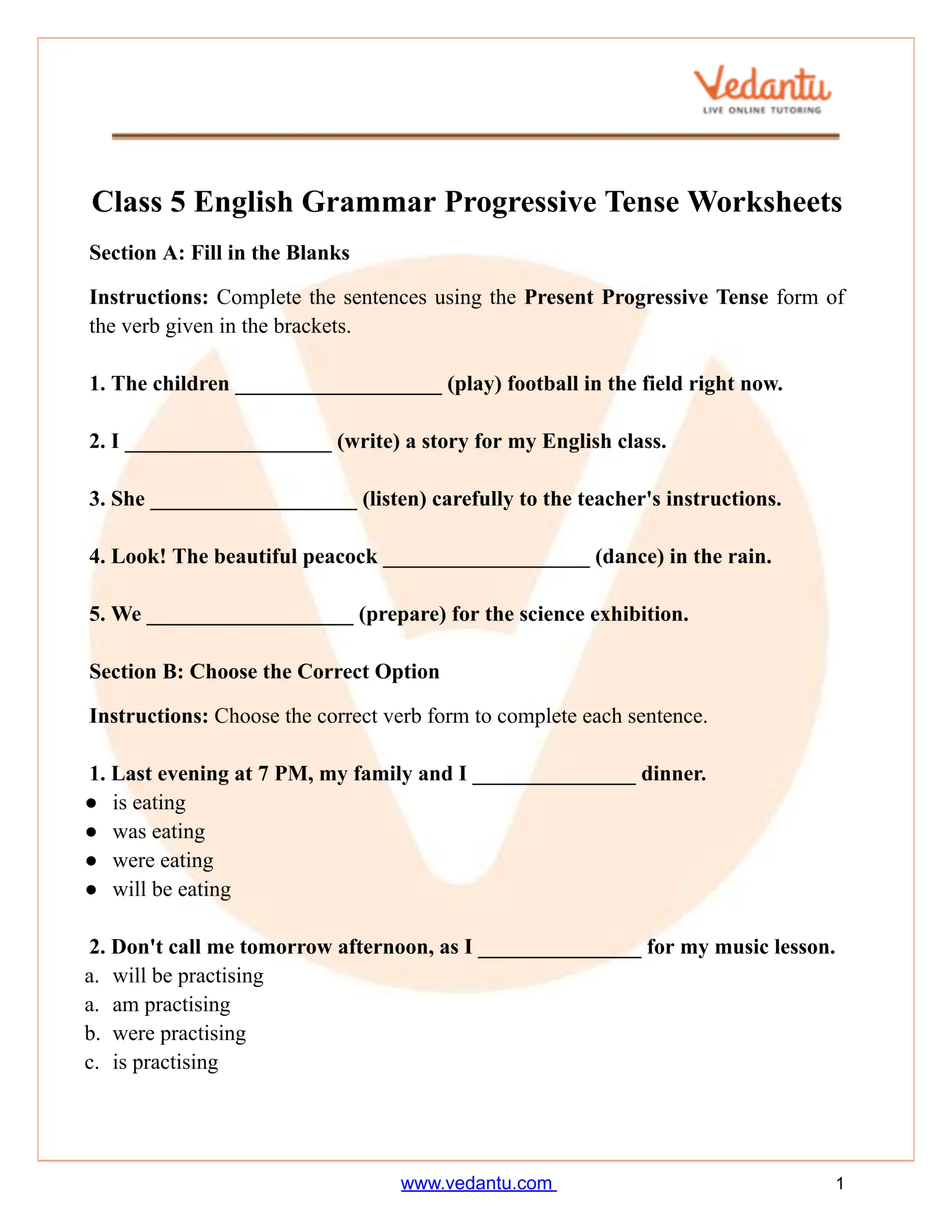 Class 5 English Grammar Progressive Tense Worksheet PDF