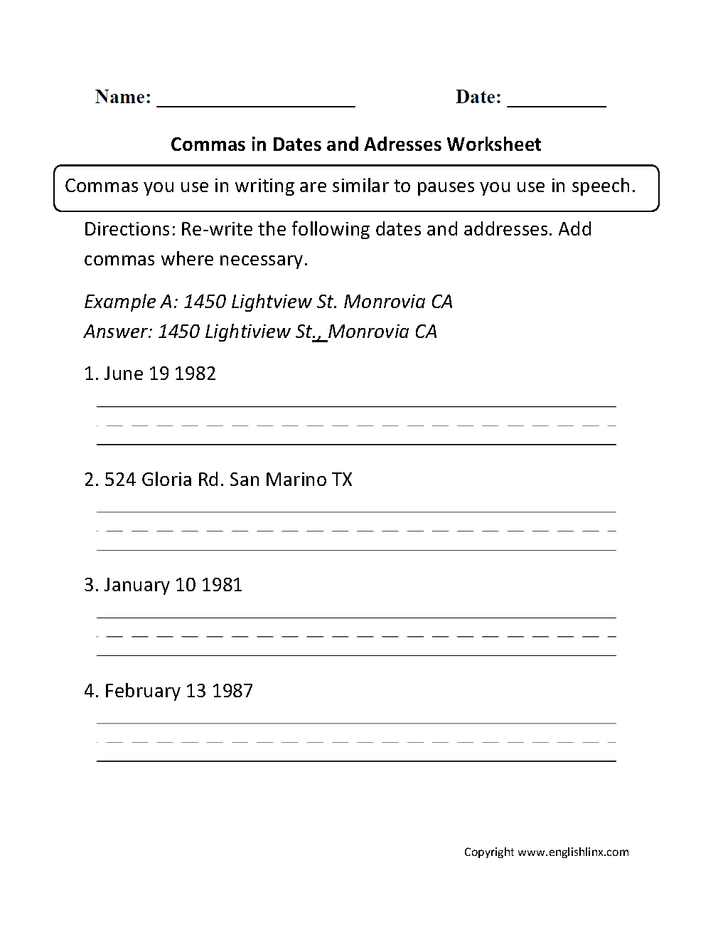Commas Worksheets Commas In Dates And Addresses Worksheet Worksheets Library Free Comma Worksheets Enhance Writing Skills