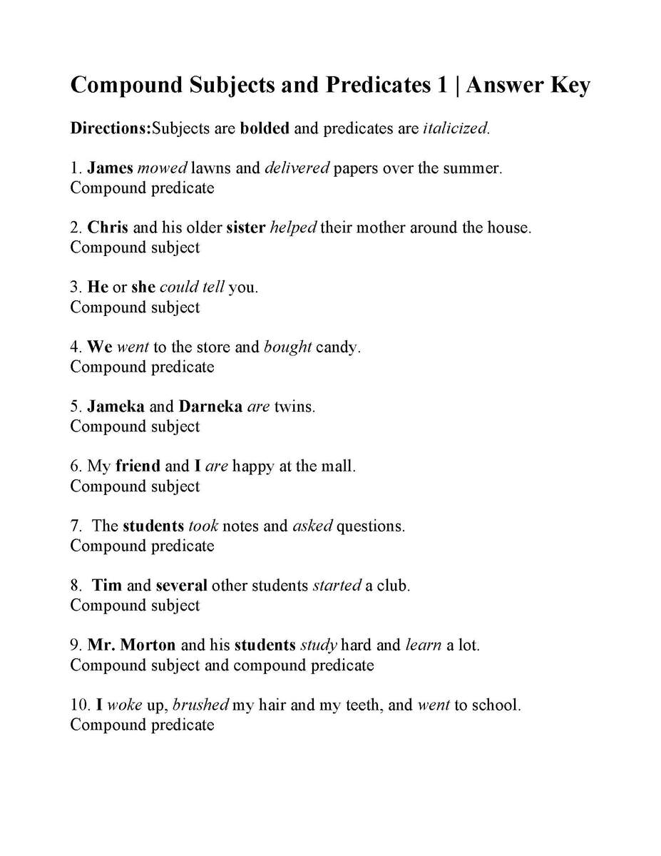 Compound Subjects And Predicates Worksheet Sentence Structure Activity