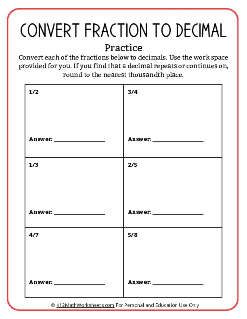 Fractions Decimals Percents Worksheets