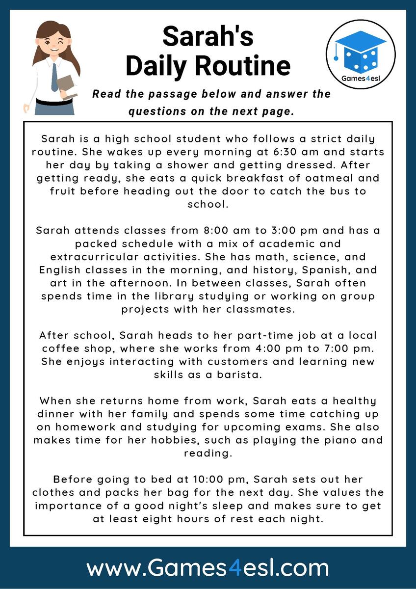Daily Routine Reading Comprehension Worksheet Games4esl