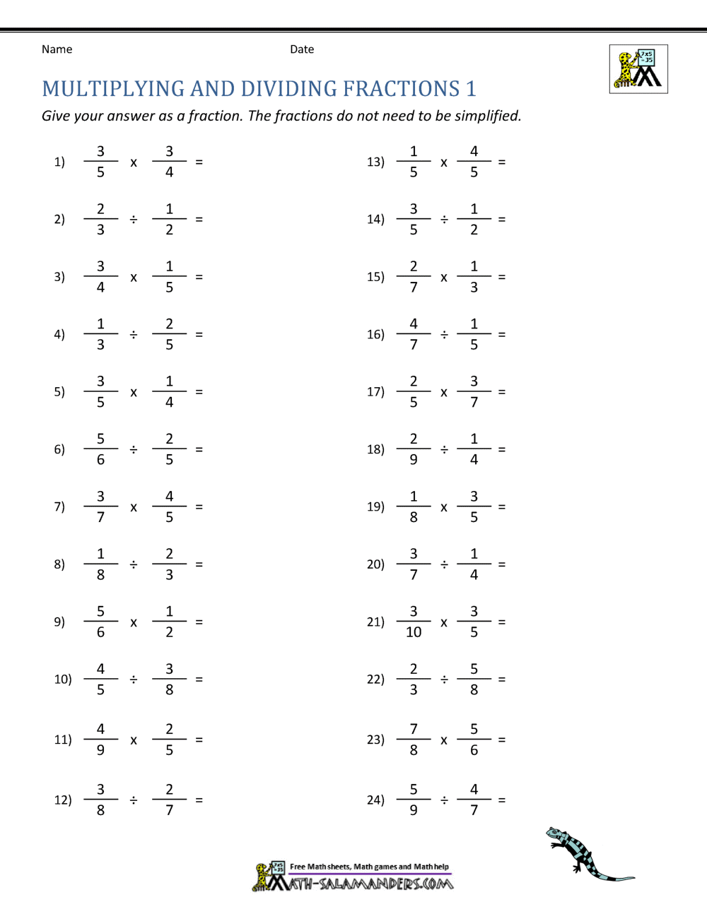 Multiplying And Dividing Fractions Worksheet Printable PDF Worksheets
