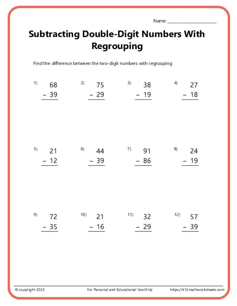 Double Digit Subtraction With Regrouping Borrowing K12 Math Worksheets 2 Digit Subtraction With Regrouping Number Math Worksheets For Grade 1 2 3 Made By Teachers