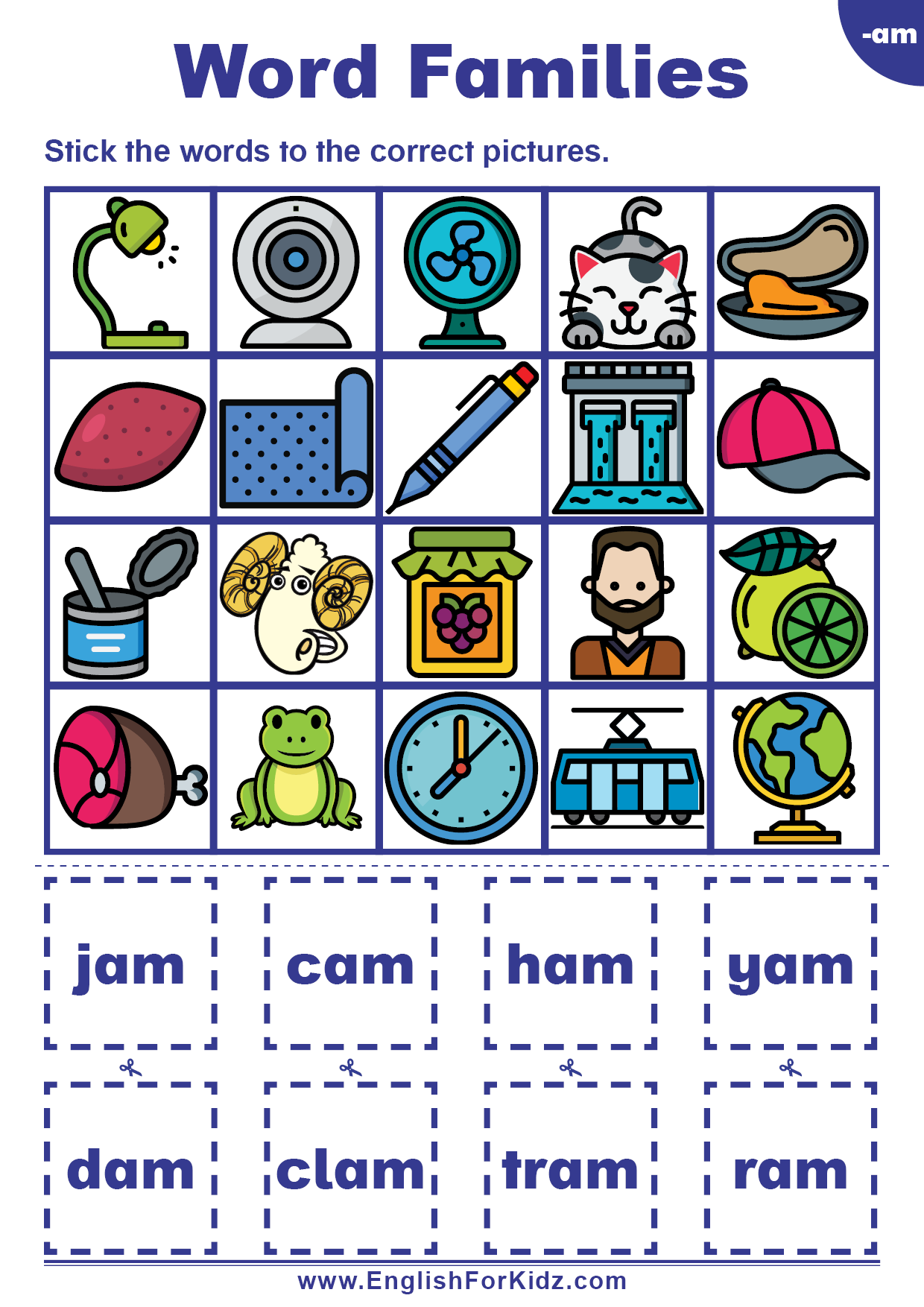 English For Kids Step By Step Word Families Worksheets Am Words Free PDF