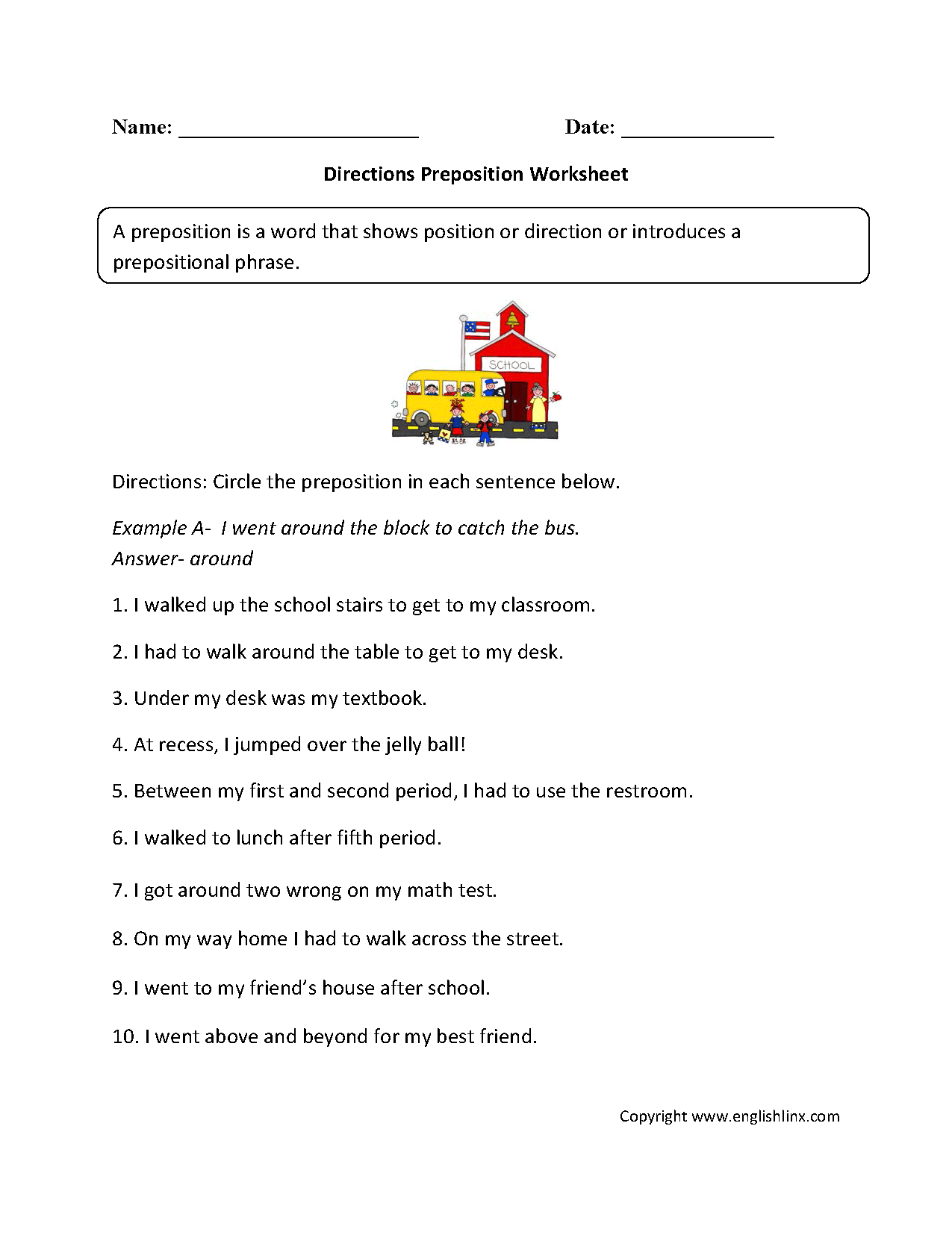 Class 5 English Grammar Choosing Prepositions Worksheet PDF