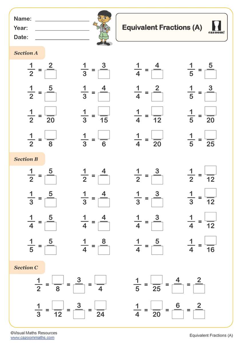 Equivalent Fractions A Worksheet PDF Printable Number Worksheets