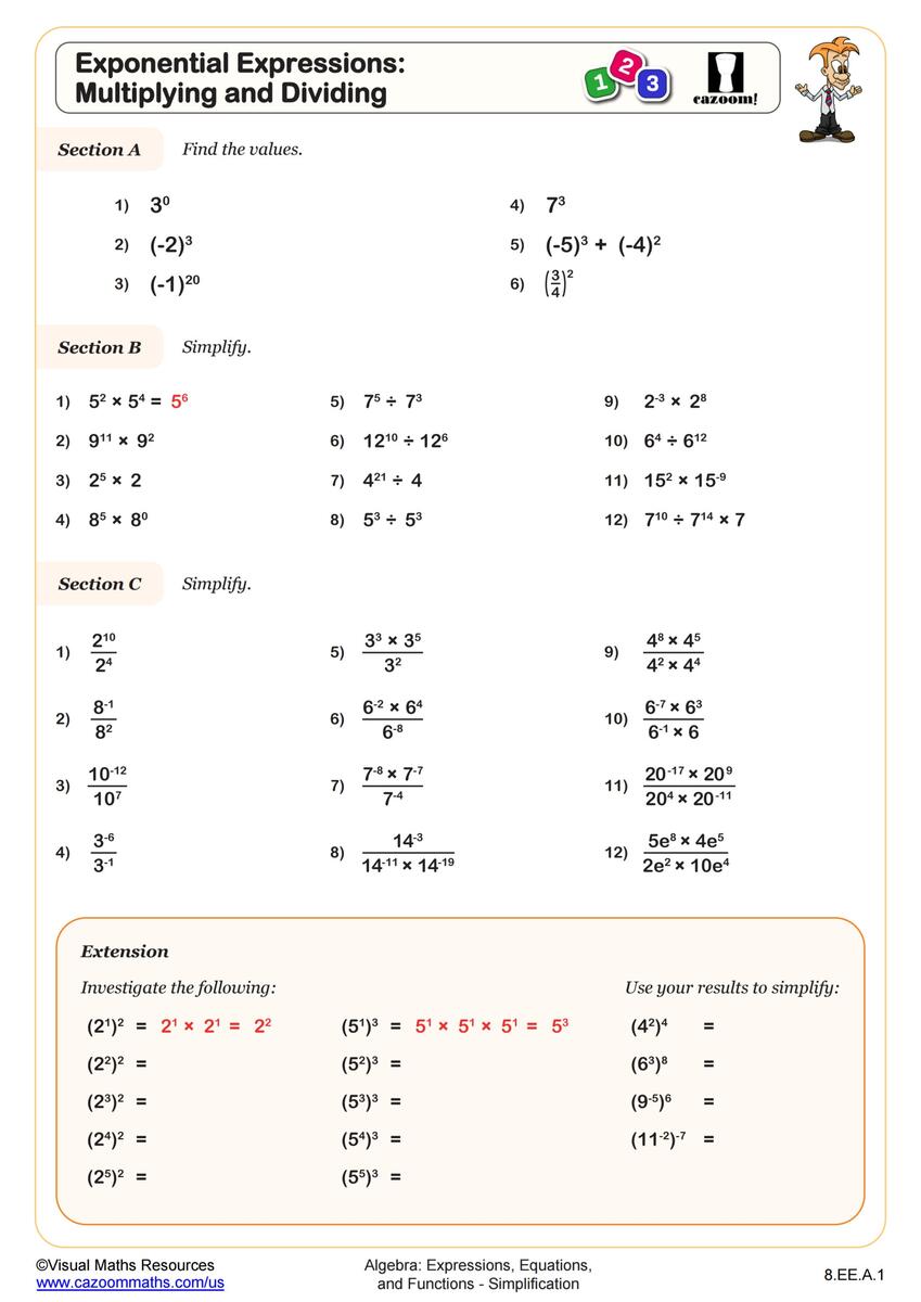 Exponential Expressions Multiplying And Dividing Worksheet Fun And Engaging 8th Grade PDF Worksheets Cazoom Math