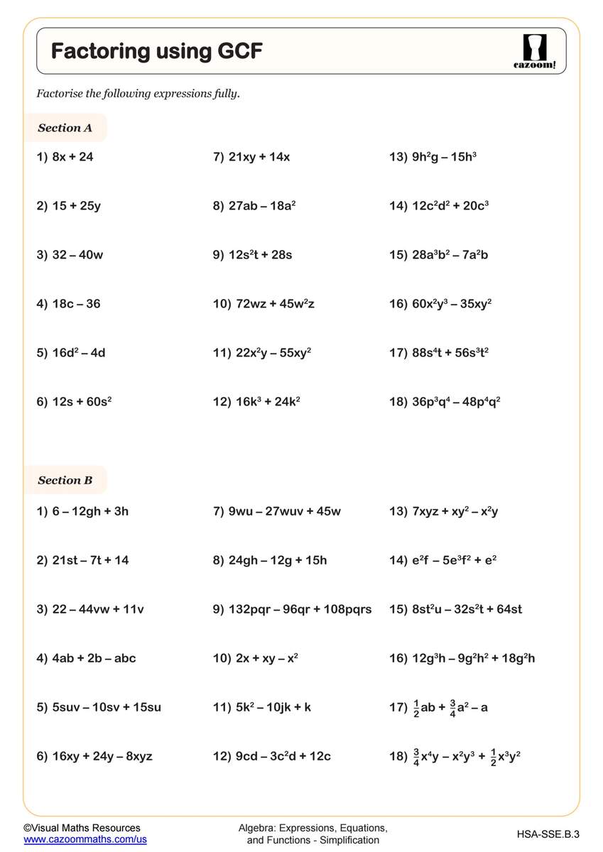 Factoring Using GCF Worksheet PDF Printable Algebra Worksheet Cazoom Math