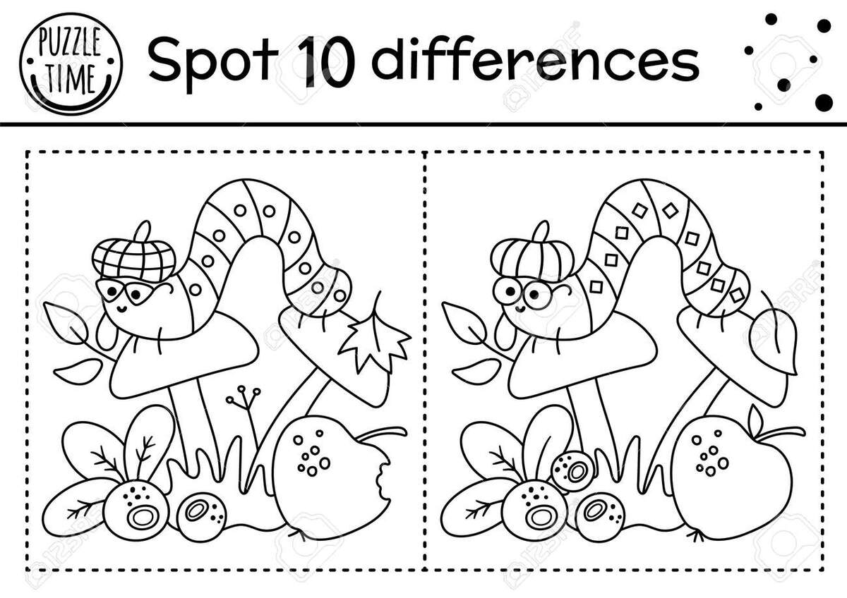 Find Differences Line Game For Kids Black And White Autumn Forest Activity With Caterpillar And Mushroom Printable Worksheet With Cute Insect Woodland Puzzle Fall Preschool Sheet Royalty Free SVG Cliparts Vectors And