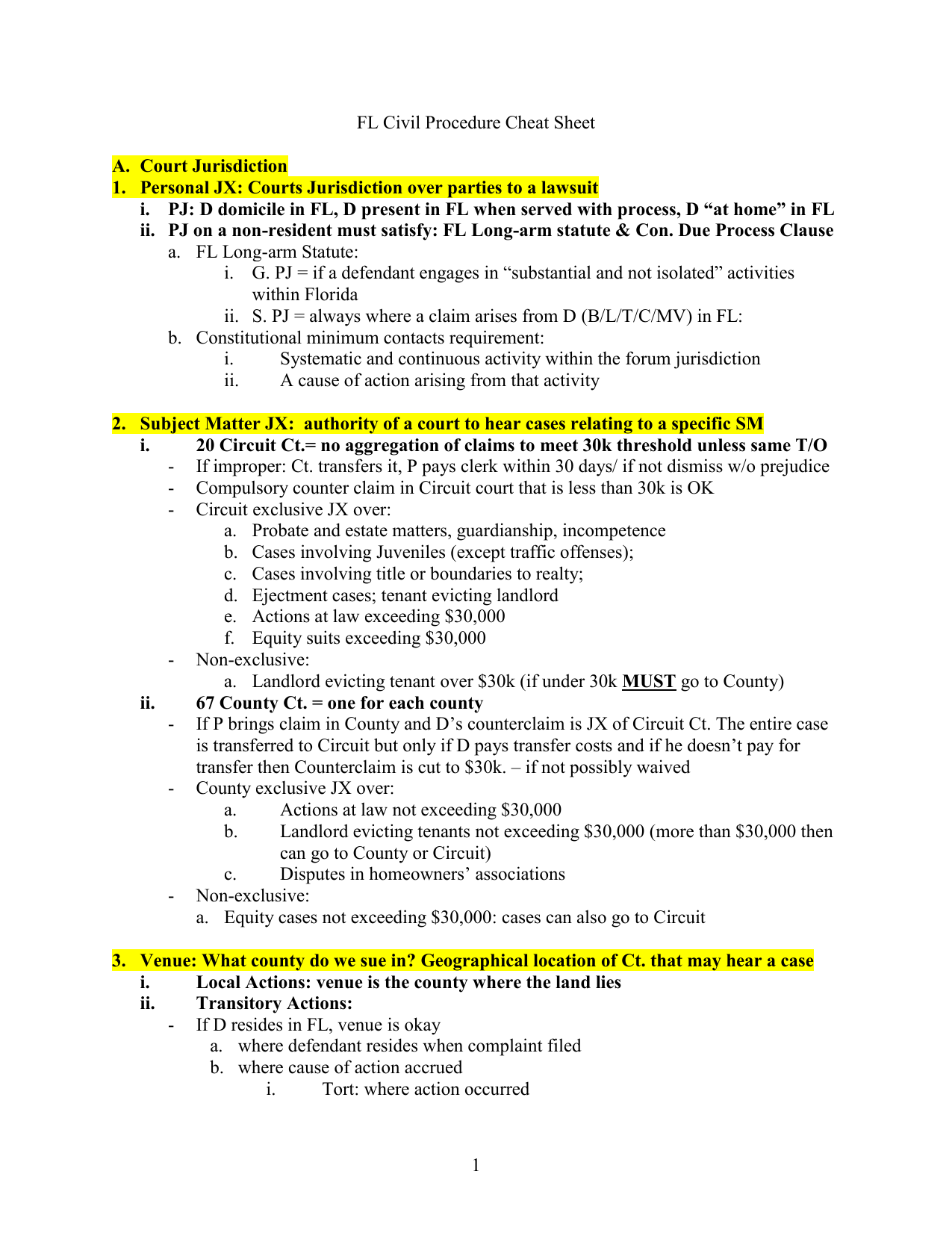 FL Civil Procedure Cheat Sheet FL Civil Procedure Cheat Sheet