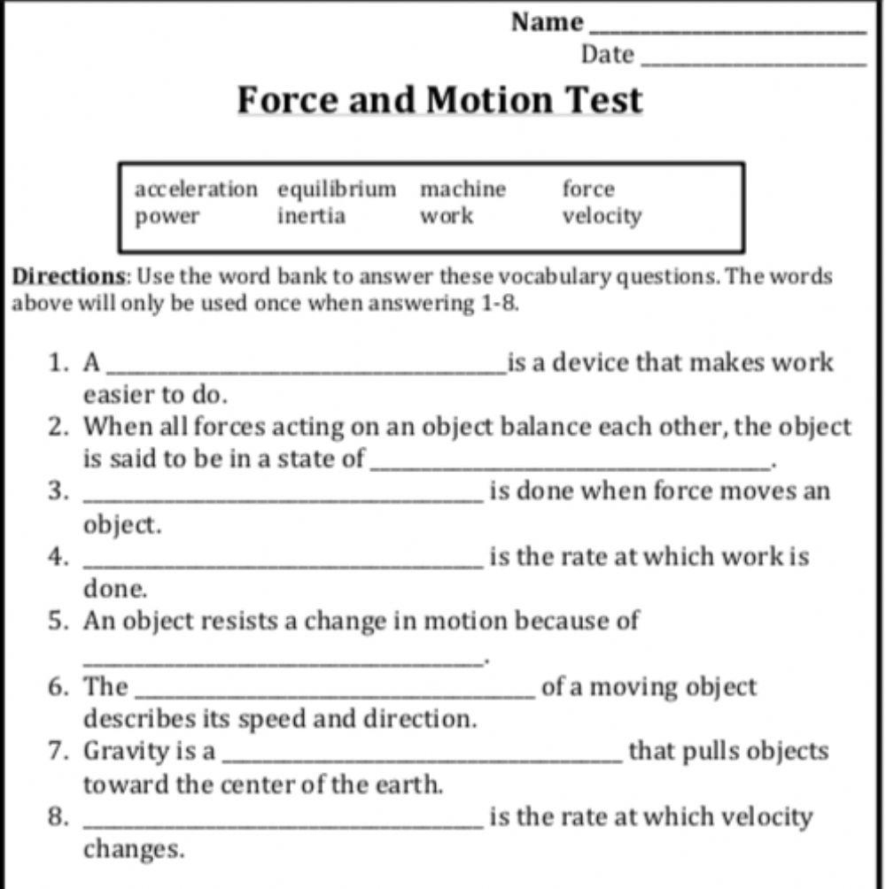 Forces Motion Worksheet Science Worksheets Worksheets Library