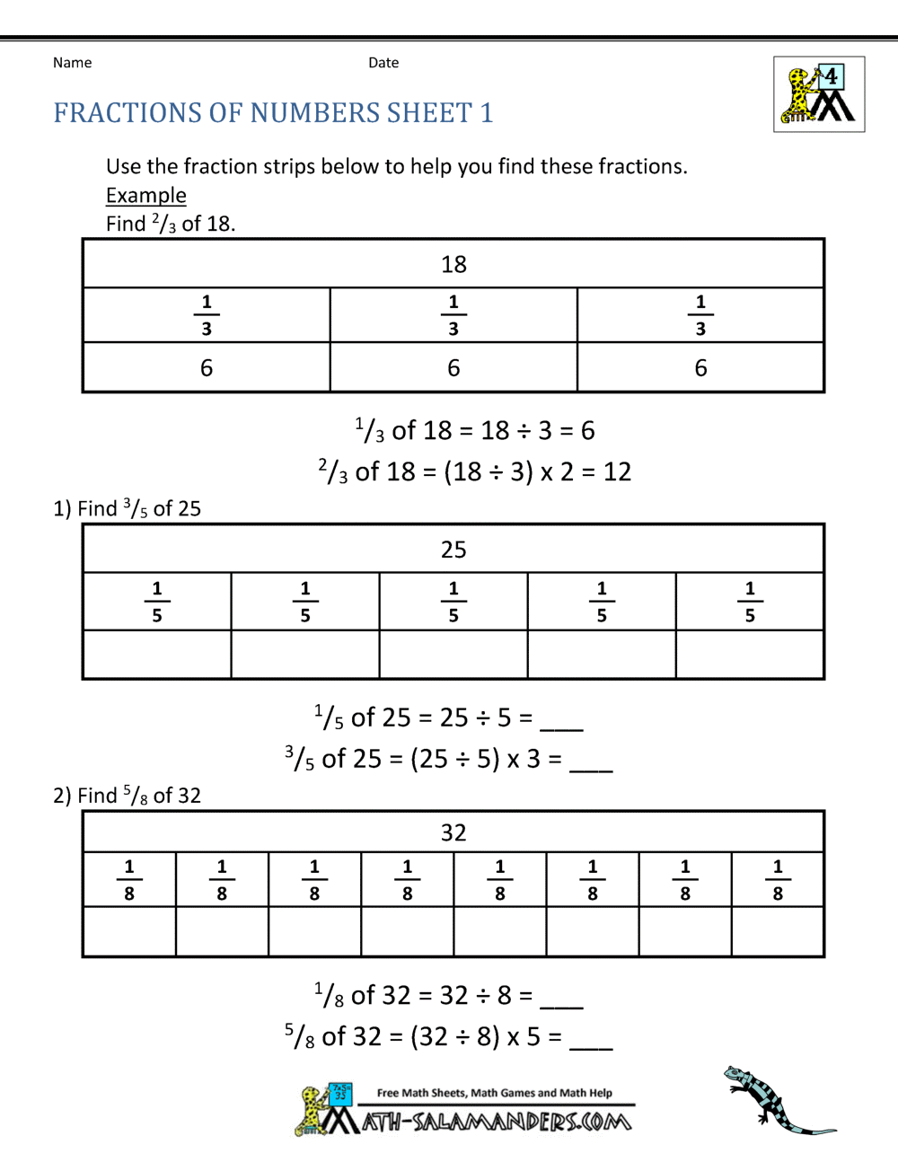 FREE Fraction Of A Whole Number Worksheets Visual Models