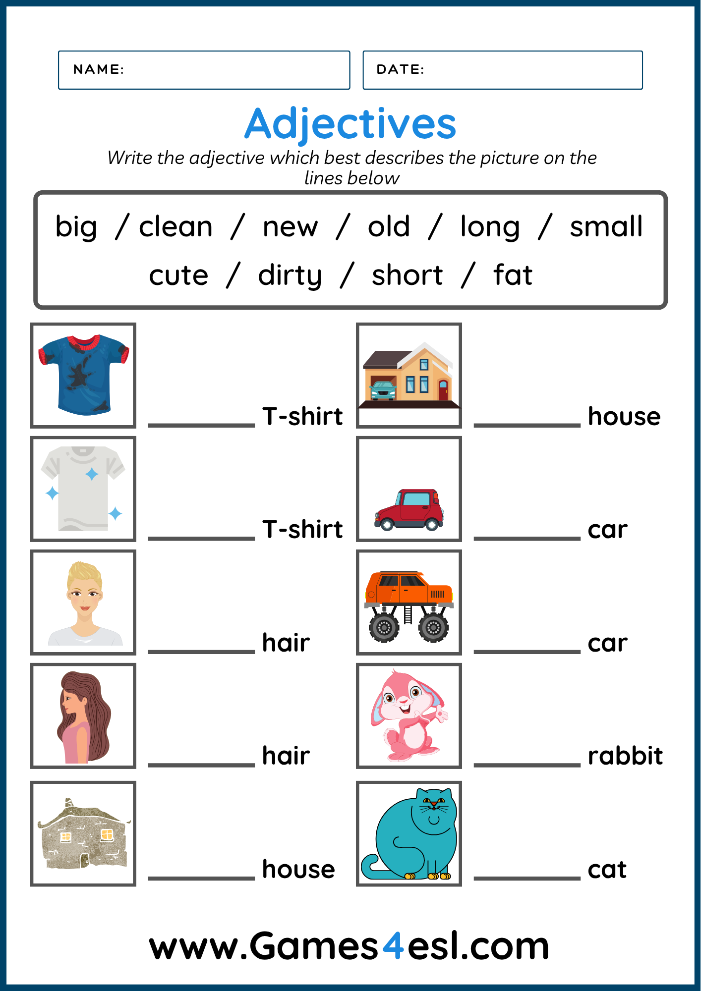 Free Adjective Worksheets For Beginners Games4esl 8 Printable Fill In The Adjective English Worksheets Fill In The Blank Using Adjectives Ages 4 7 KG1 To Grade 2 Etsy