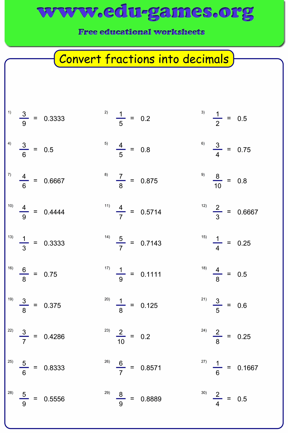 Converting Decimals To Fractions Worksheet