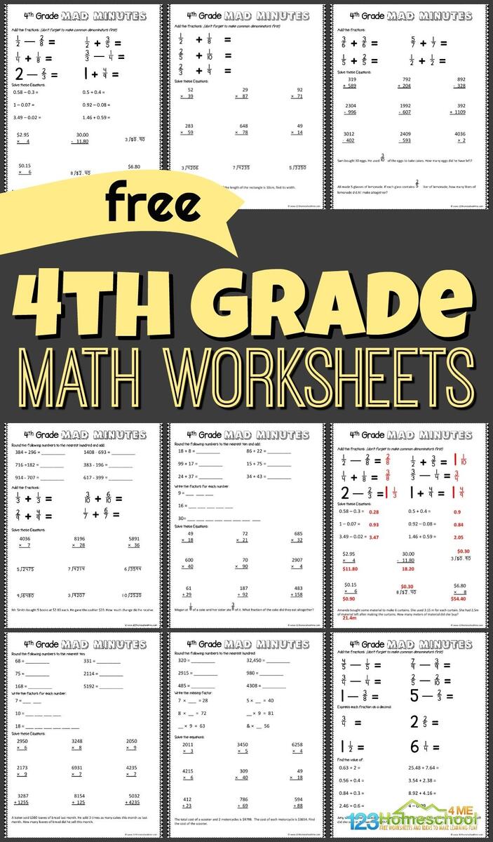 FREE Printable 4th Grade Math Worksheets Pdf Math Worksheets For Kindergarten 1st 2nd 3rd 4th Grade Rocket Math