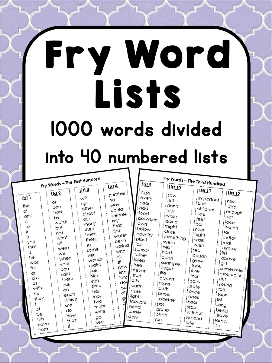 Fry Word Lists 1000 Common Words For Reading