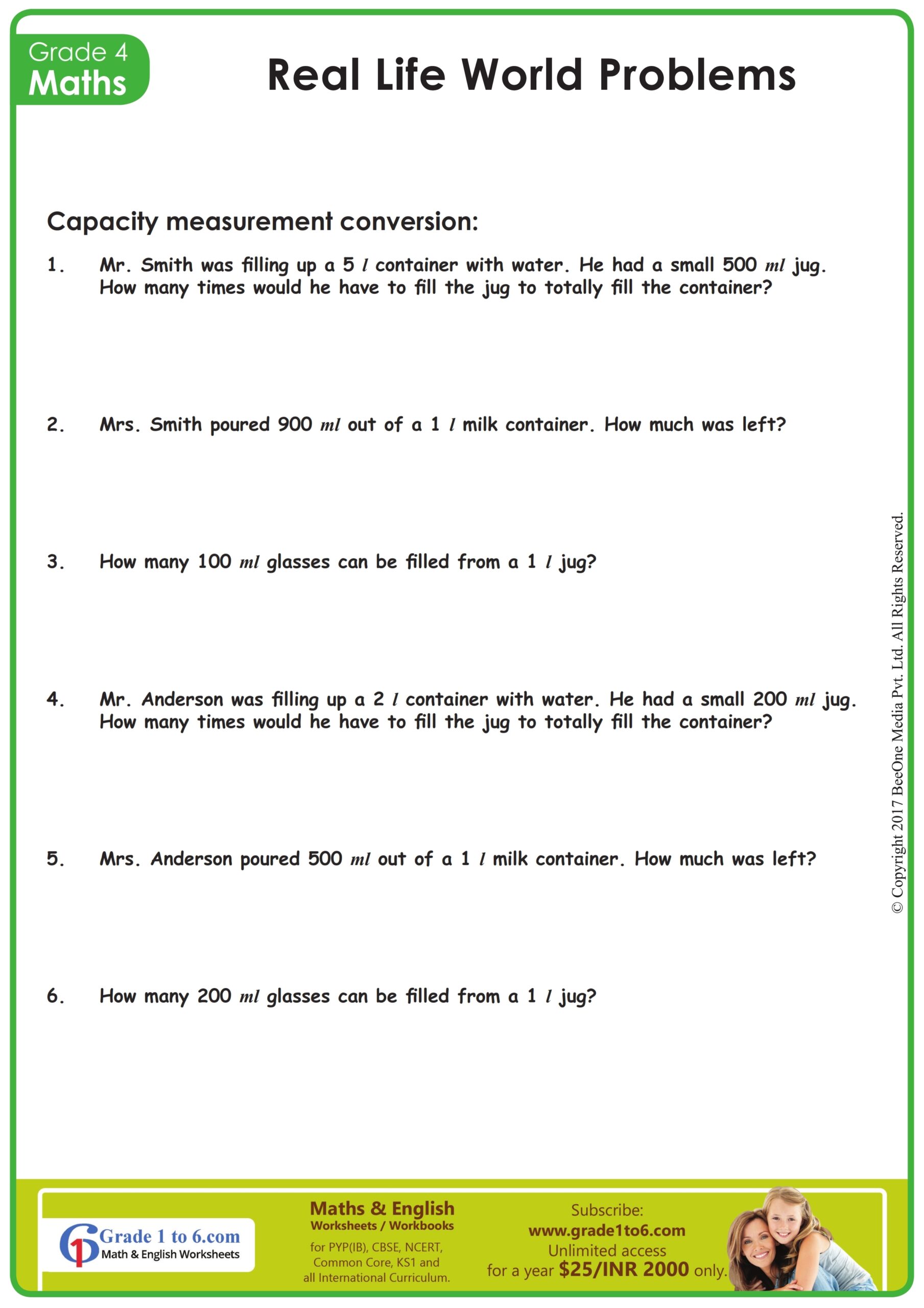 Grade 4 Volume And Capacity Word Problems Grade1to6 Volume And Capacity Word Problems Worksheet